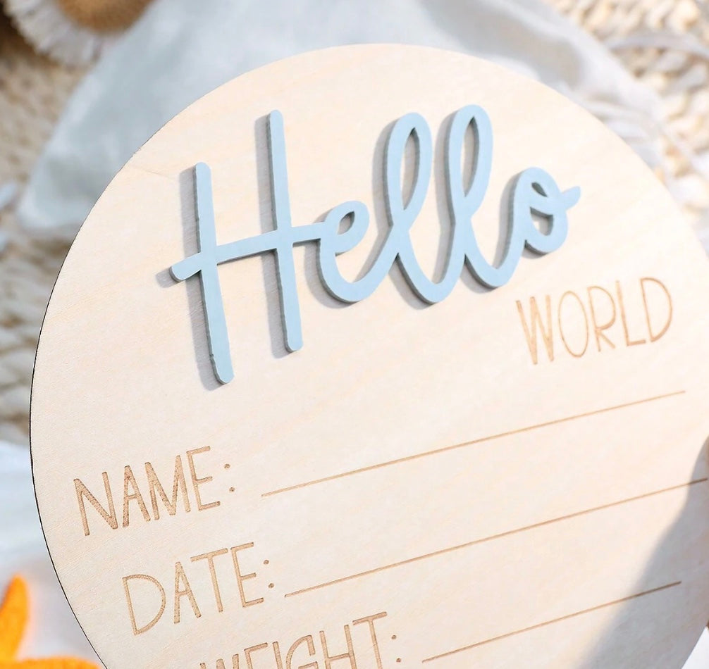 Light blue Hello world sign