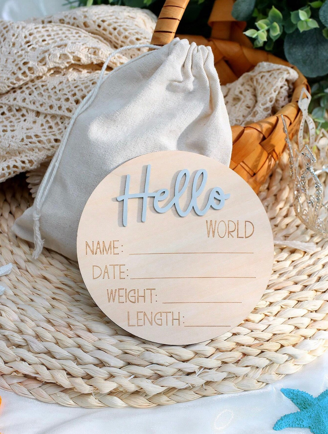 Light blue Hello world sign